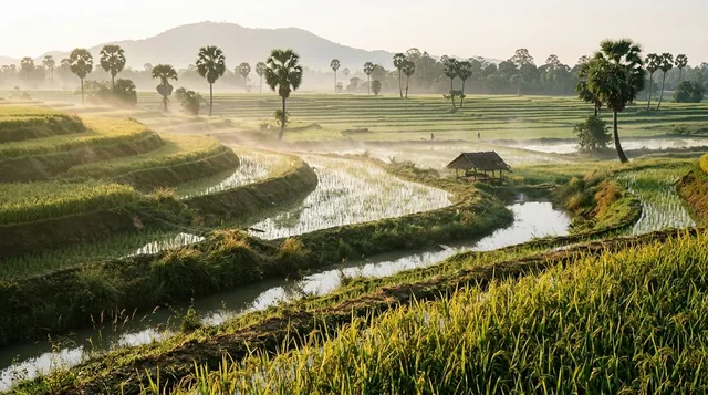 Representative agricultural study of irrigated rice cultivation in Cambodia at golden hour